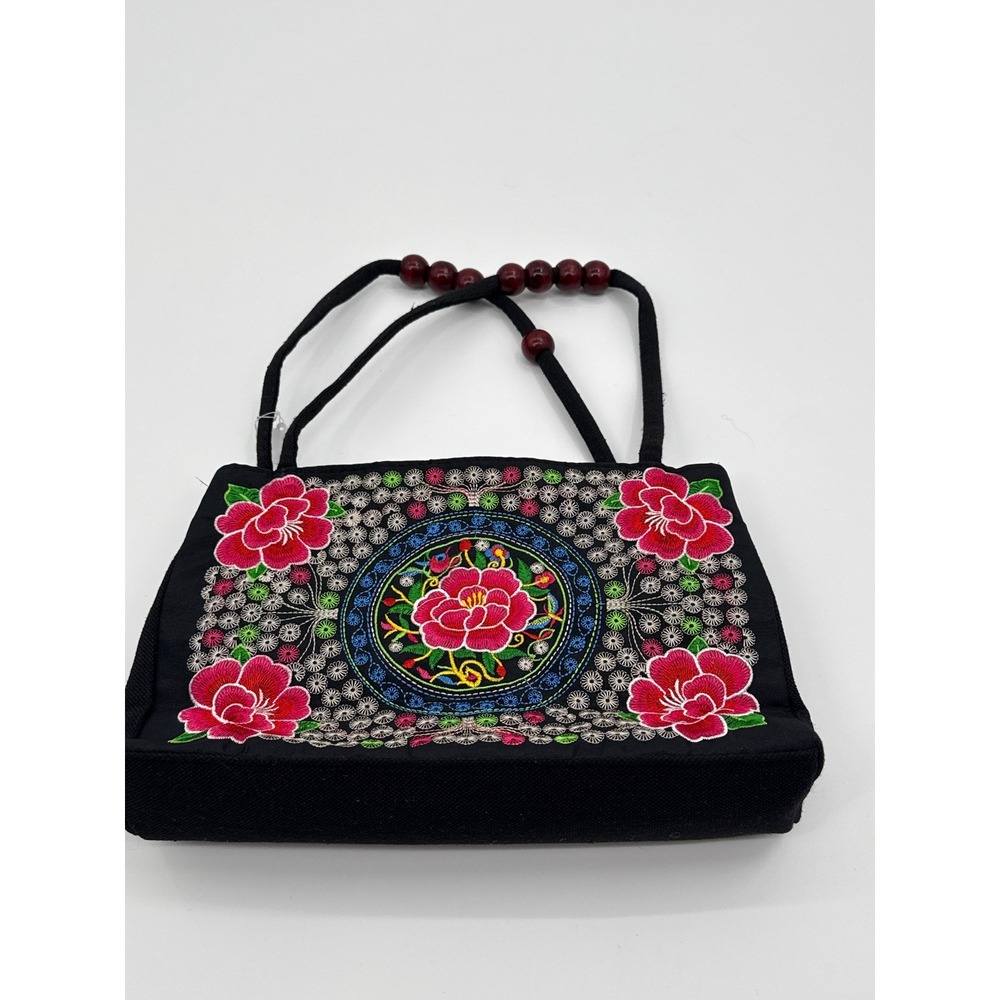 Vintage Style Embroidered Floral Canvas Tote Bag Black Beaded Strap Handbag
